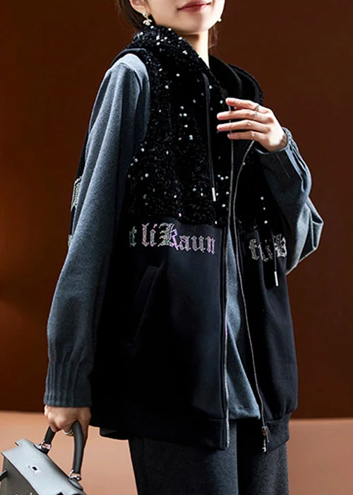 French Black Hooded Sequins Zircon Cotton Waistcoat Sleeveless Classic Zip-Up Waistcoat