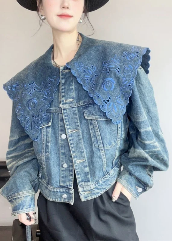 French Blue Peter Pan Collar Hollow Out Denim Coat Spring Faux Fur Real Fur Shearling French Blue Peter Pan Collar Hollow Out Denim Coat Spring Faux Fur Real Fur Shearling