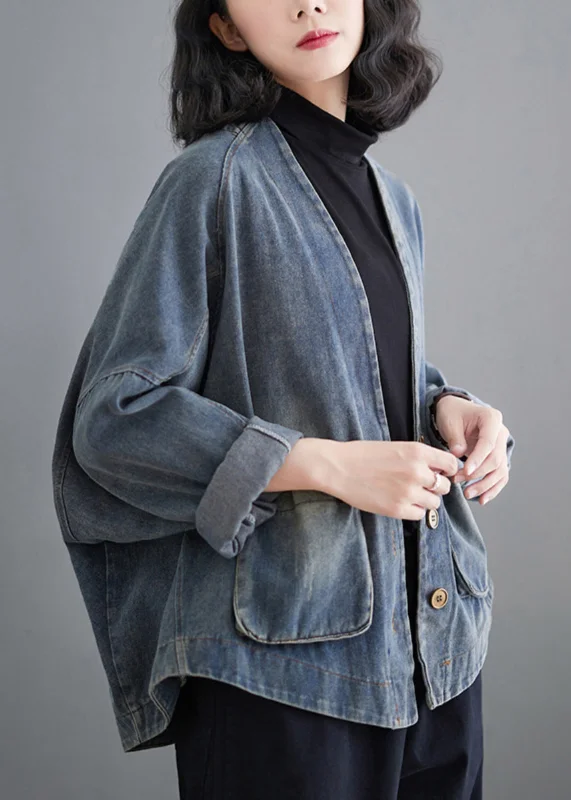 French Denim Blue V Neck Pockets Patchwork Coat Spring Denim Leather Suede