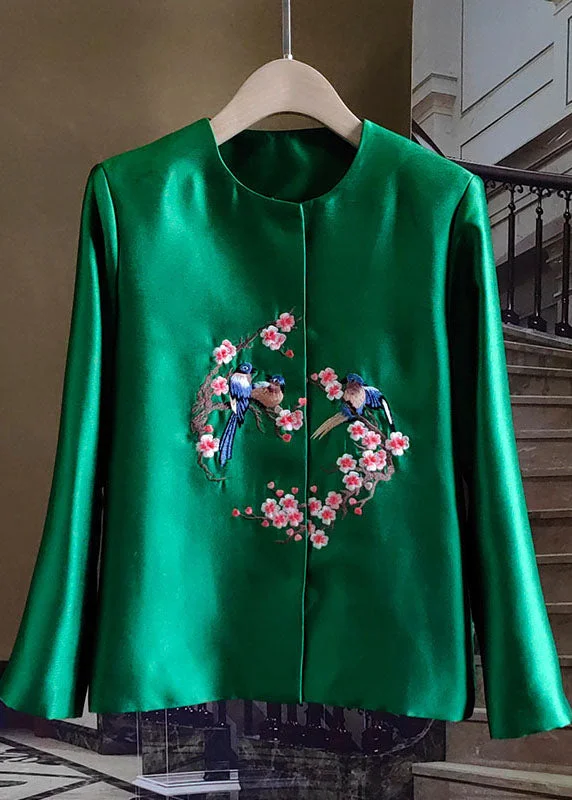French Green Embroidered Bird Patchwork Silk Coat Spring Boat Shawl Notched