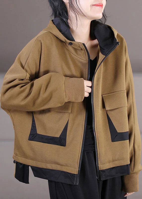 French Khaki Zippered Patchwork Drawstring Cotton Hooded Coat Long Sleeve Jersey Tulle Batik French Khaki Zippered Patchwork Drawstring Cotton Hooded Coat Long Sleeve Jersey Tulle Batik