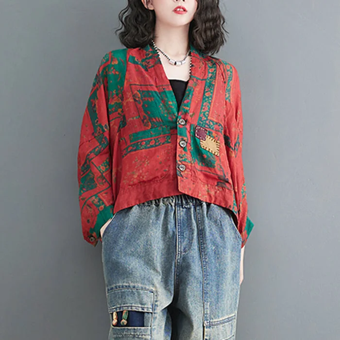 French Red V Neck Pockets tie waist Print Coat Batwing Sleeve Satin Silk Chiffon