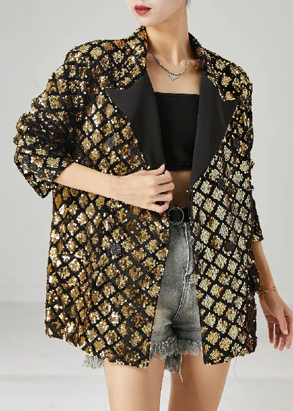 Golden Sequins Coat Oversized Double Breast Spring Print Jacquard Embroidered