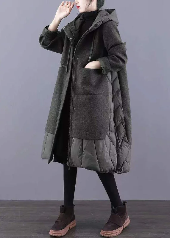 Green Pockets Patchwork Thick Long Coat  Zip Up Long Sleeve Plaid Tartan Floral