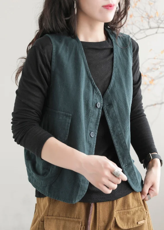Green V Neck Button Pockets Waistcoat Sleeveless Fashionable Sleeveless Waistcoat