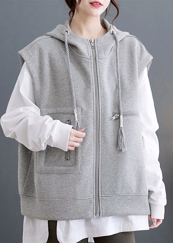 Grey Zippered Drawstring Hooded Waistcoat Sleevele Comfortable Faux Fur Waistcoat