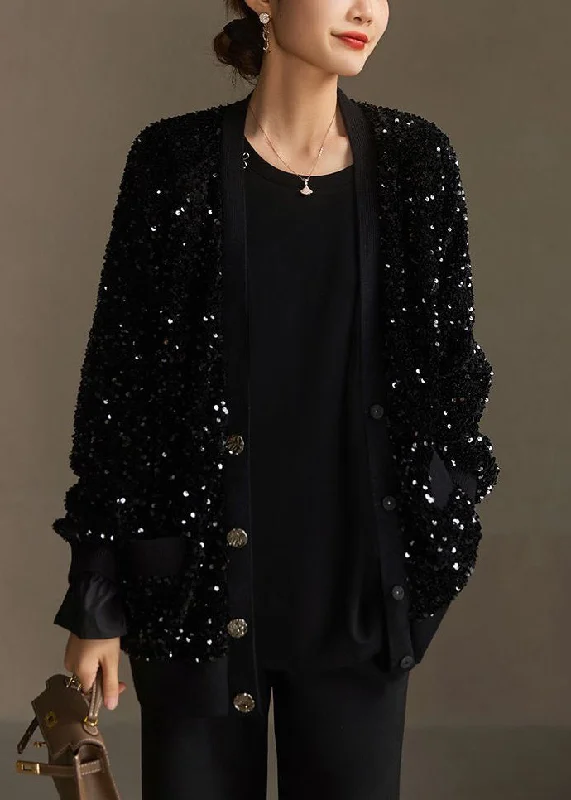Handmade Black Sequins Button Pockets Cotton Coat Spring Three-Quarter Sleeve Elbow Sleeve Wrist Sleeve Handmade Black Sequins Button Pockets Cotton Coat Spring Three-Quarter Sleeve Elbow Sleeve Wrist Sleeve