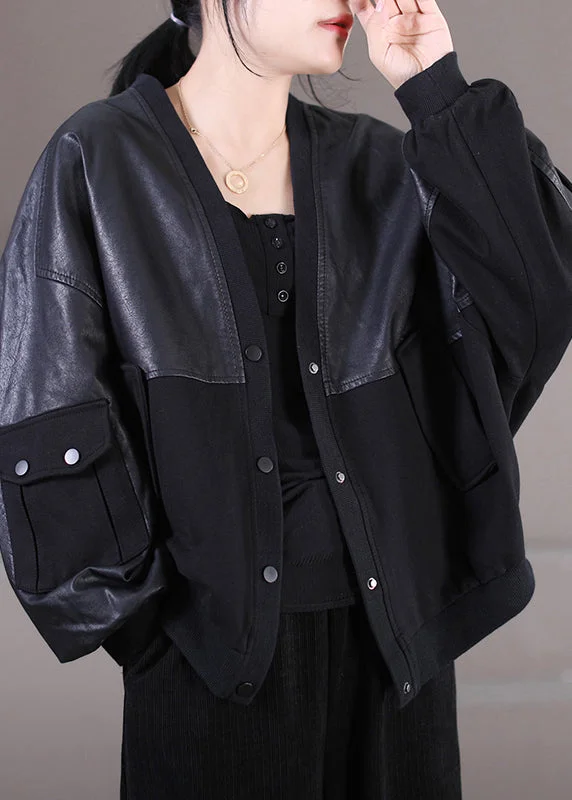 Italian Black V Neck Button Pockets Faux Leather Patchwork Knit Coat Long Sleeve Appliqued Beaded Sequined Italian Black V Neck Button Pockets Faux Leather Patchwork Knit Coat Long Sleeve Appliqued Beaded Sequined