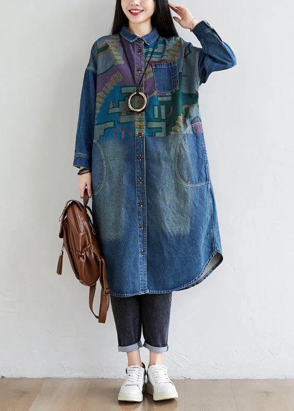 Italian Blue Peter Pan Collar Pockets Print Denim Coat Spring Anorak Windbreaker Fleece Italian Blue Peter Pan Collar Pockets Print Denim Coat Spring Anorak Windbreaker Fleece