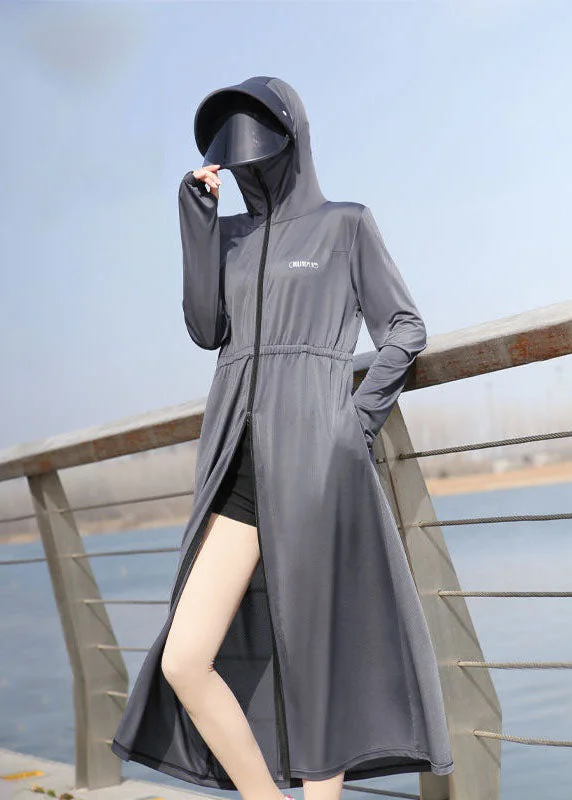 Italian Grey Hooded Pockets Zippered Patchwork Ice Silk UPF 50+ Coat Summer Knit Woven Fleece Italian Grey Hooded Pockets Zippered Patchwork Ice Silk UPF 50+ Coat Summer Knit Woven Fleece