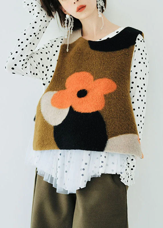 Jacquard Brown O-Neck Floral Woolen Waistcoat Sleeveless Cozy Woolen Waistcoat Vest