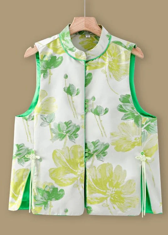 Jacquard Green Stand Collar Button Silk Waistcoat Sleeveless Stylish Faux Fur Waistcoat Vest Jacquard Green Stand Collar Button Silk Waistcoat Sleeveless Stylish Faux Fur Waistcoat Vest