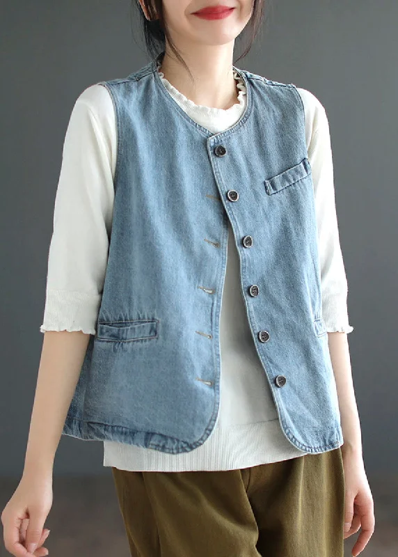 Light Blue O-Neck Button Denim Waistcoat Fall Elegant Lightweight Waistcoat