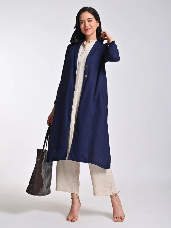 Linen Navy Blue Shawl Collar Long Shrug Classic Plain Shawl Wrap