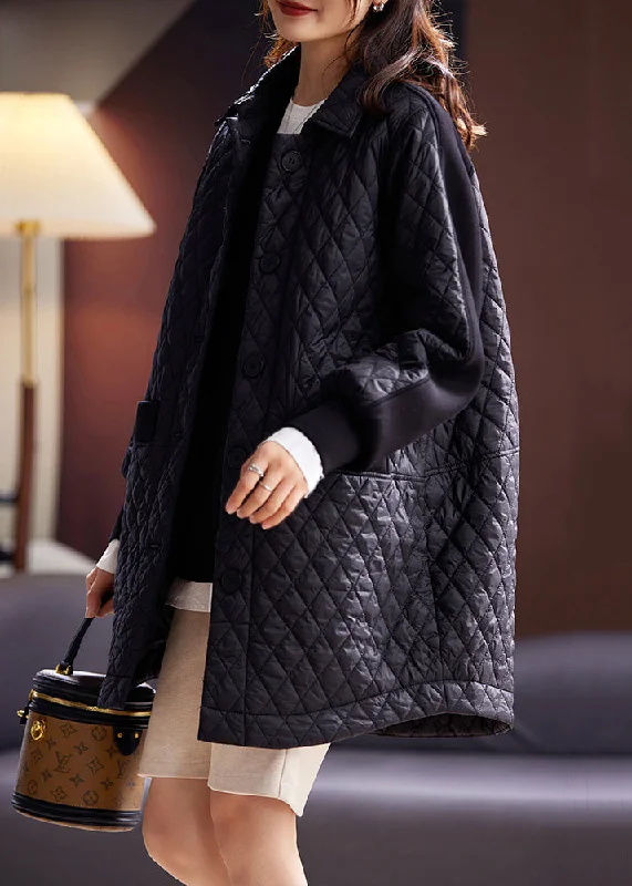 Loose Black Peter Pan Collar Pockets Cotton Filled Coat Spring Blouse Shirt Tunic