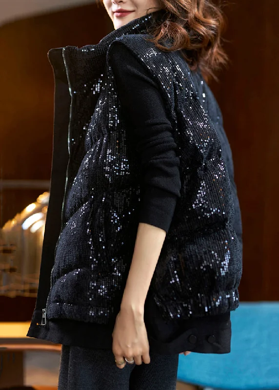 Loose Black Zippered Sequins Duck Down Waistcoat Sleeveless Trendy Hooded Waistcoat Vest Loose Black Zippered Sequins Duck Down Waistcoat Sleeveless Trendy Hooded Waistcoat Vest