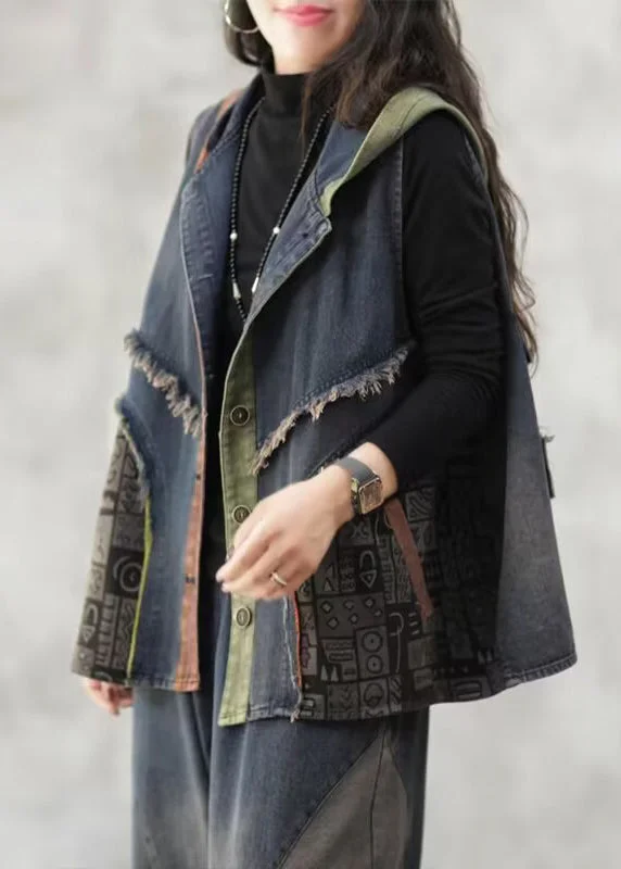 Loose Blue Hooded Button Patchwork Denim Waistcoat Sleeveless Trendy Checkered Waistcoat Jacket Loose Blue Hooded Button Patchwork Denim Waistcoat Sleeveless Trendy Checkered Waistcoat Jacket