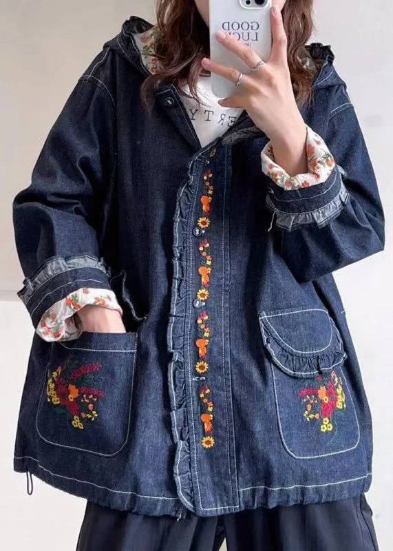 Loose Blue Hooded Embroidered Pockets Denim Coat Long Sleeve Tailored Straight A-Line Loose Blue Hooded Embroidered Pockets Denim Coat Long Sleeve Tailored Straight A-Line