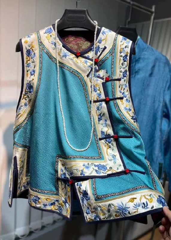 Loose Blue O-Neck Embroideried Floral Patchwork Silk Waistcoat Fall Elegant Woolen Waistcoat Jacket Loose Blue O-Neck Embroideried Floral Patchwork Silk Waistcoat Fall Elegant Woolen Waistcoat Jacket