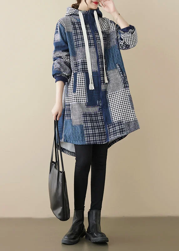 Loose Blue Zip Up Plaid Patchwork Warm Fleece Hooded Coat Spring Hook-and-Loop Buckled Tied Loose Blue Zip Up Plaid Patchwork Warm Fleece Hooded Coat Spring Hook-and-Loop Buckled Tied