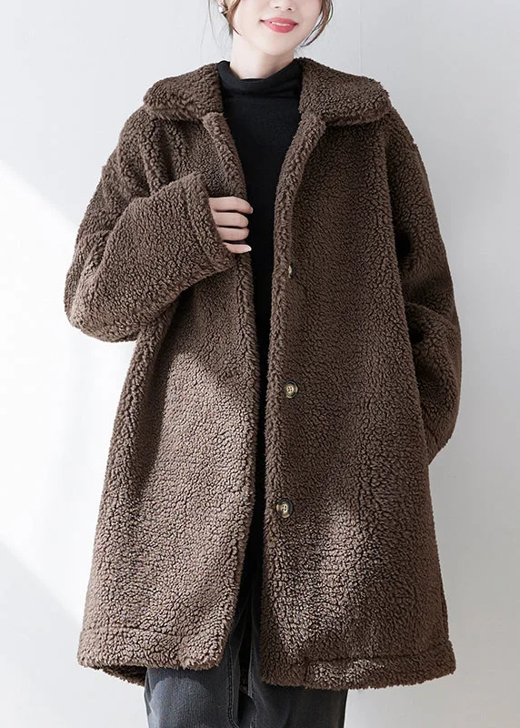 Loose Coffee Peter Pan Collar Pockets Button Faux Fur Coat Fall Square Neck One-Shoulder Off-the-Shoulder Loose Coffee Peter Pan Collar Pockets Button Faux Fur Coat Fall Square Neck One-Shoulder Off-the-Shoulder