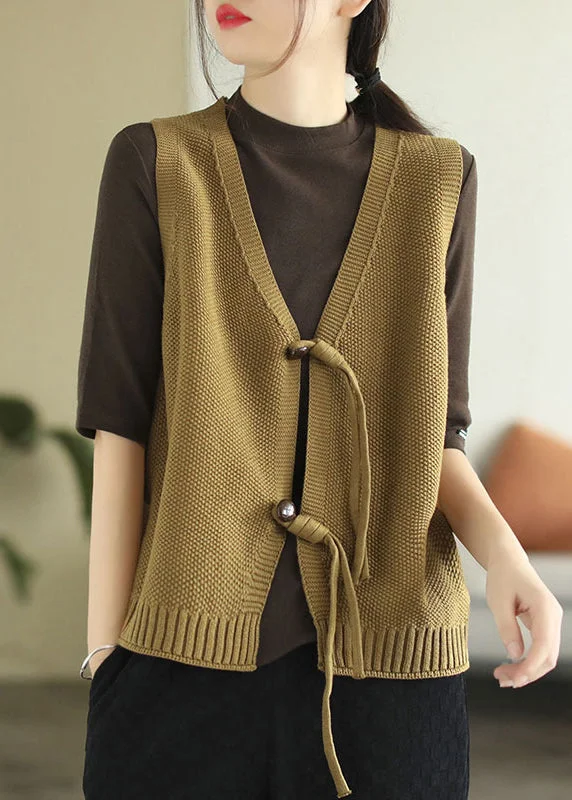 Loose Dark Khaki V Neck Button Knit Waistcoat Sleeveless Comfortable Zip Waistcoat Vest Loose Dark Khaki V Neck Button Knit Waistcoat Sleeveless Comfortable Zip Waistcoat Vest