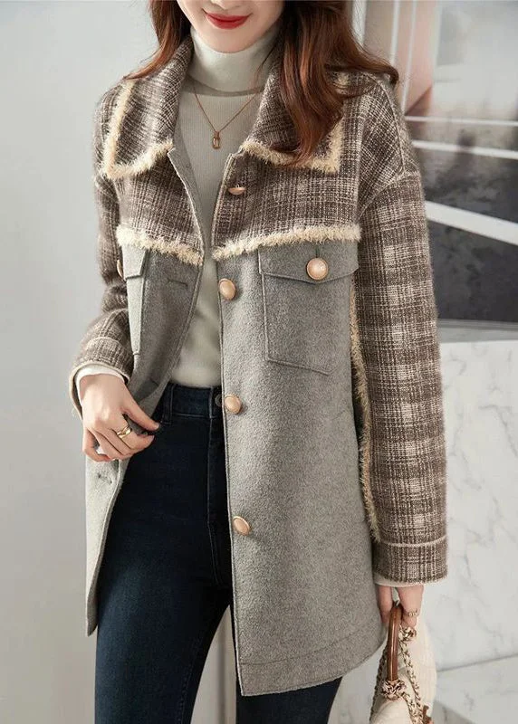 Loose Grey Peter Pan Collar Button Pockets Woolen Coat Winter Down Puffer Quilted