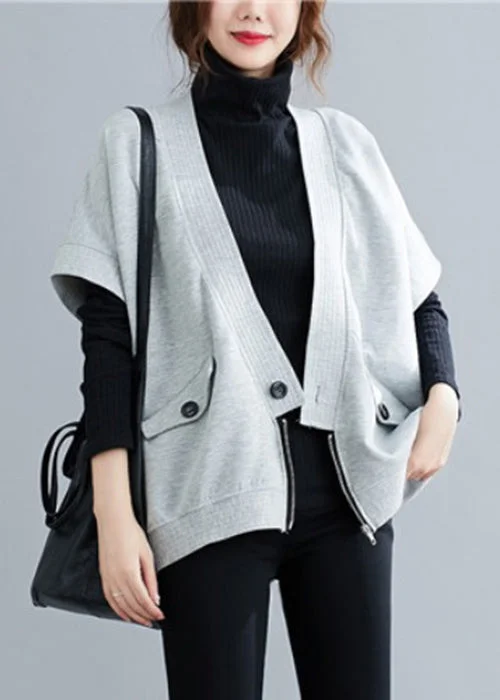 Loose Grey Zippered Button Patchwork Cotton Waistcoat Fall Stylish Long Waistcoat Vest Loose Grey Zippered Button Patchwork Cotton Waistcoat Fall Stylish Long Waistcoat Vest
