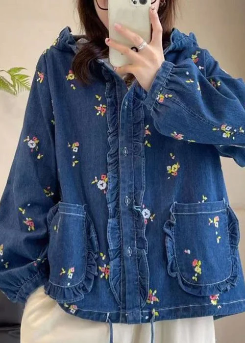Loose Multi Hooded Ruffled Print Lace Up Denim Coat Spring Striped Polka Dot Floral