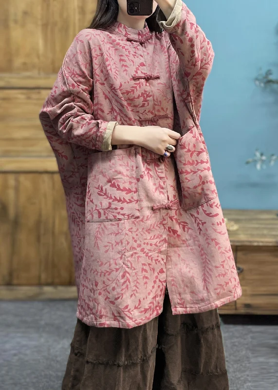 Loose Pink Button Pockets Linen Coat Long Sleeve Rayon Velvet Corduroy