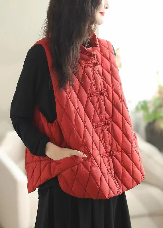 Loose Red Side Open Button Cotton Filled Waistcoat Sleeveless Cozy Down-Filled Waistcoat Vest Loose Red Side Open Button Cotton Filled Waistcoat Sleeveless Cozy Down-Filled Waistcoat Vest