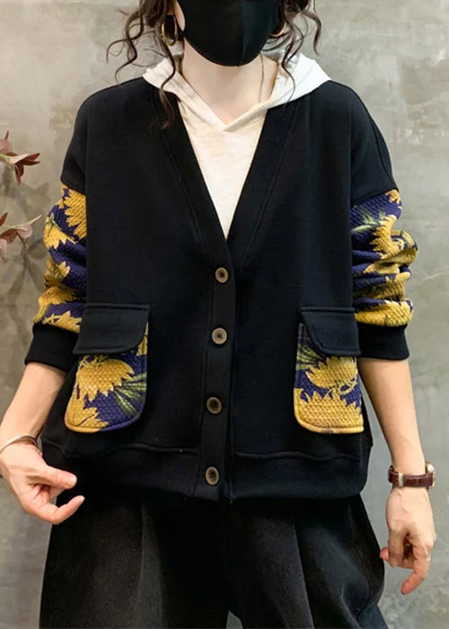 Loose Yellow V Neck Print Pockets Warm Fleece Coat Fall Striped Polka Dot Floral