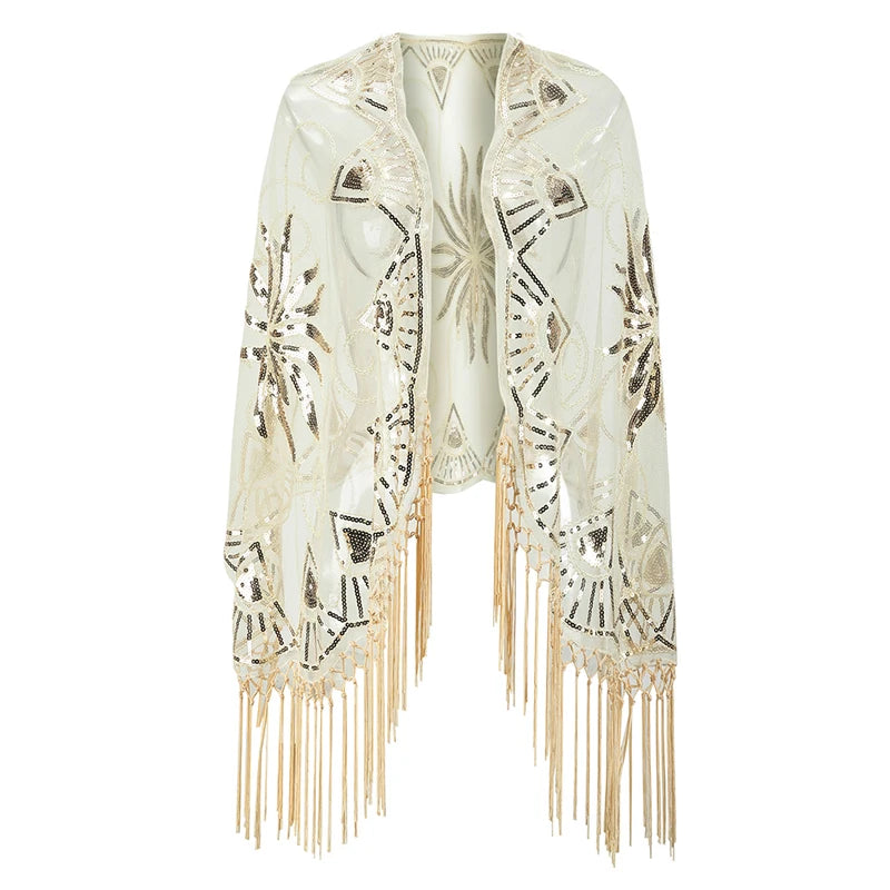 Luxury Accessory Open Front Vintage Flapper Fringe Shawl, Going Out Party Mesh Sequin Elegant Cape Shawls Cozy Cashmere Shawl Throw