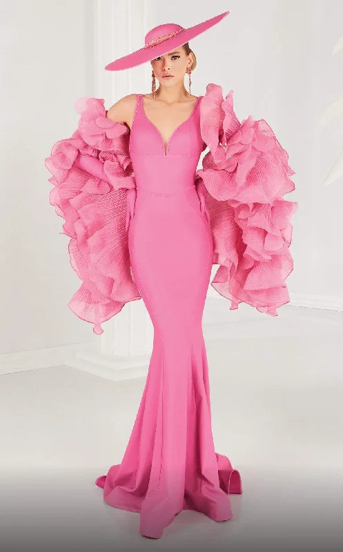 MNM Couture - 2575 Deep V-neck Trumpet Dress With Ruffled Shawl Warm Cashmere Shawl Cape MNM Couture - 2575 Deep V-neck Trumpet Dress With Ruffled Shawl Warm Cashmere Shawl Cape