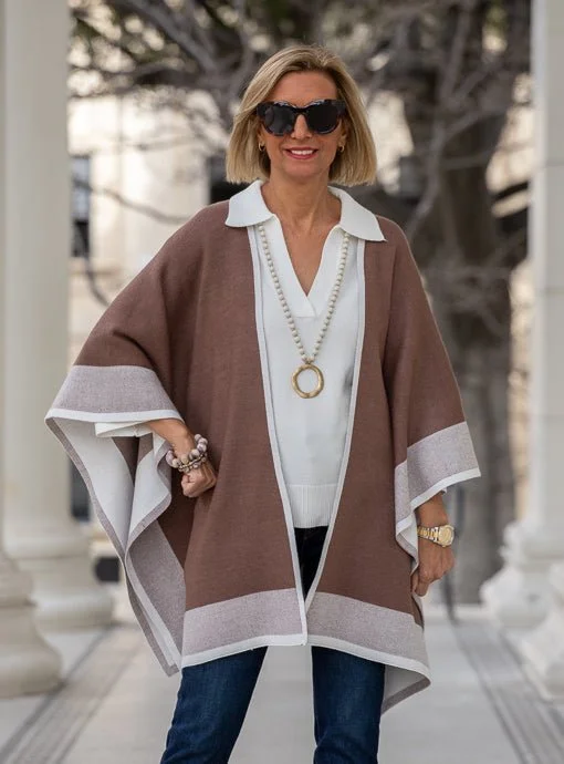 Mocha Cream Two Tone Border Knit Poncho Shawl Lightweight Silk Shawl