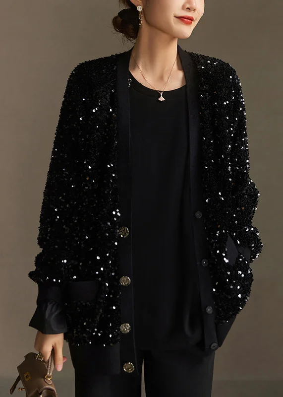 Modern Boutique Black V Neck Pockets Sequins Short Coat Spring Fleece Down Feather