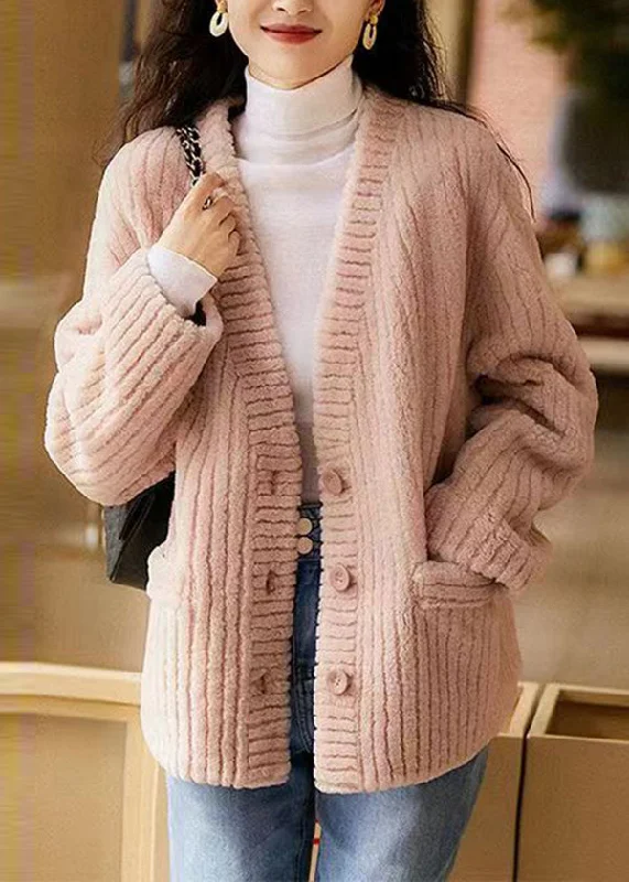Natural Pink V Neck Pockets Patchwork Wool Coat Winter Kimono Robe Cloak