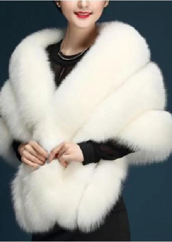 Natural White Thick Faux Fur Shawl Winter Trendy Embroidered Shawl Wrap