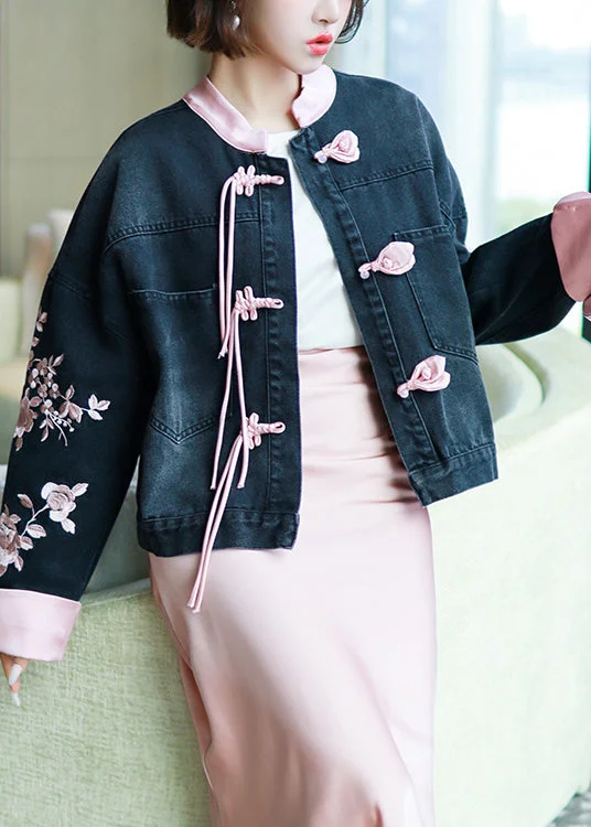 New Black Embroidered Chinese Button Denim Coat Spring Welt Pockets Slit Pockets Flap Pockets New Black Embroidered Chinese Button Denim Coat Spring Welt Pockets Slit Pockets Flap Pockets