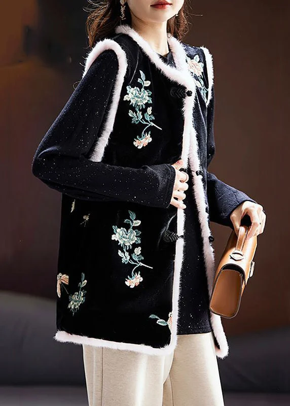 New Black Fluffy Embroideried Button Cotton Filled Waistcoat Sleeveless Cozy Faux Fur Waistcoat