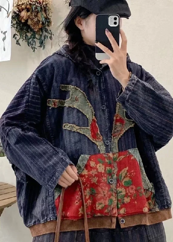 New Blue Pockets Print Patchwork Denim Hooded Coat Fall Trench Wool Cashmere