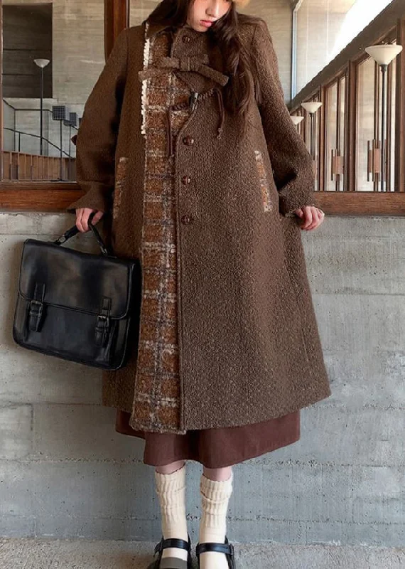 New Brown Peter Pan Collar Pockets Patchwork Woolen Coat Winter Hooded Caped Scarf