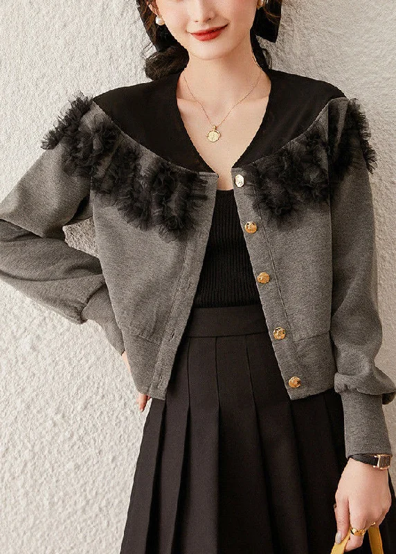 New Grey Button Tulle Patchwork Cotton Coat Spring Kimono Robe Cloak