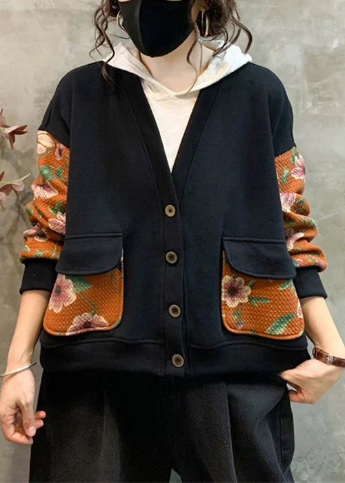 New Orange Button Pockets Patchwork Warm Fleece Coat Fall Stand-Up Roll-Neck Turtle