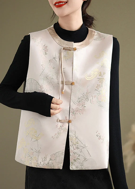 New Pink Print Chinese Button Silk Waistcoat Sleeveless Warm Wool Waistcoat Jacket