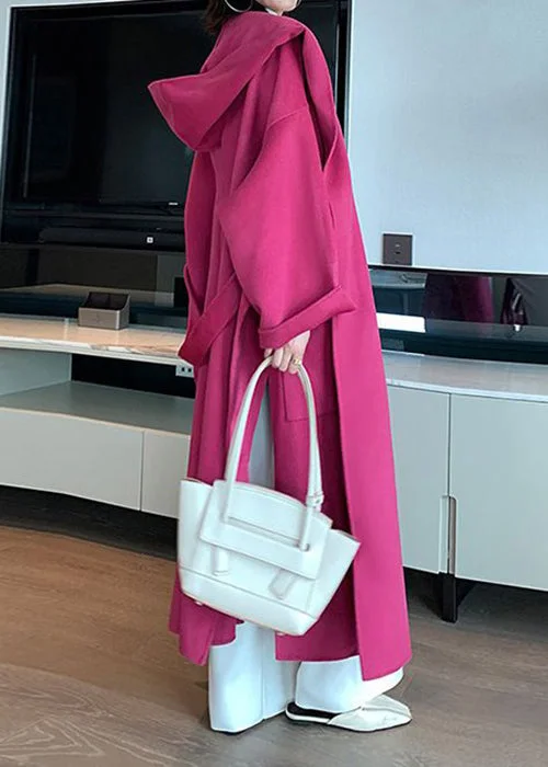 New Rose Hooded Pockets Tie Waist Woolen Long Coat Spring Collared Crew Neck Turtle Neck
