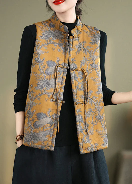 New Yellow Print Chinese Button Cotton Filled Waistcoat Winter Cozy Fleece-Lined Waistcoat New Yellow Print Chinese Button Cotton Filled Waistcoat Winter Cozy Fleece-Lined Waistcoat