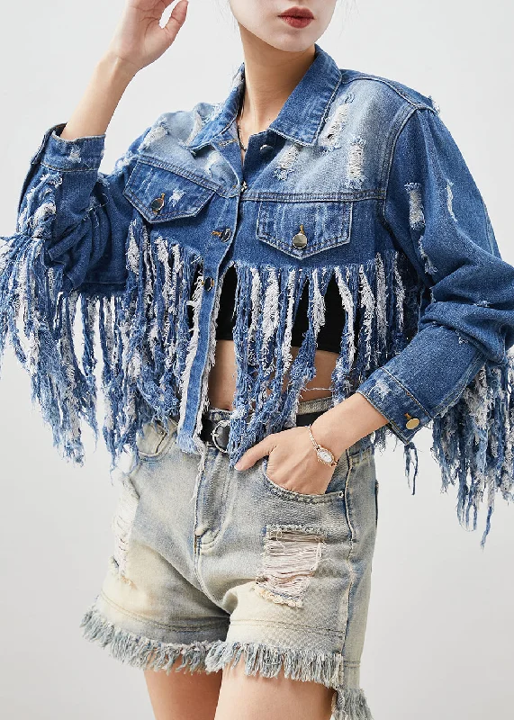 Original Design Blue Tasseled Cotton Ripped Coat Spring Blazer Duffle Coat Pea Coat