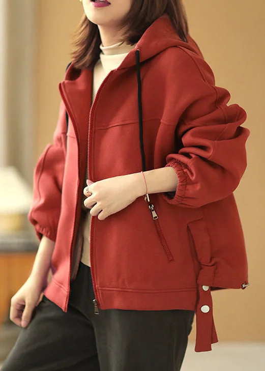 Original Design Red Zip Up Pockets Cotton Hooded Coat Fall Tweed Herringbone Houndstooth Original Design Red Zip Up Pockets Cotton Hooded Coat Fall Tweed Herringbone Houndstooth