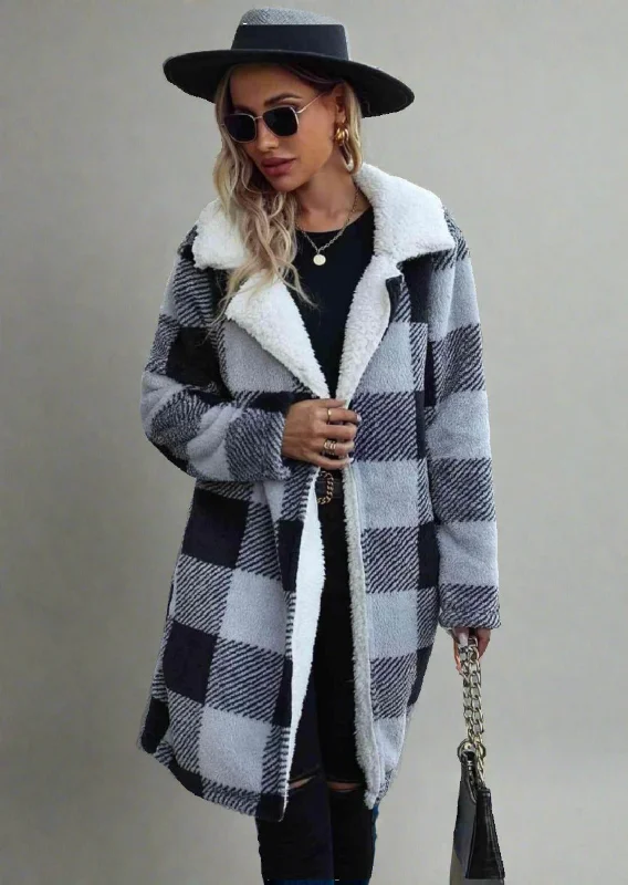 Plaid Open Front Coat with Pockets Kimono Robe Cloak